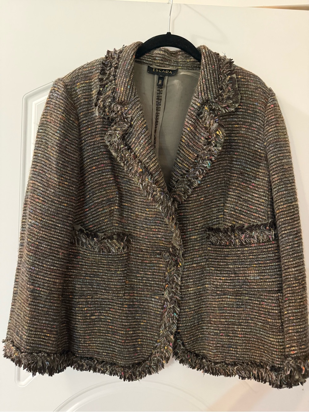 Escada Tweed Fringe-Trim Blazer Sz 46